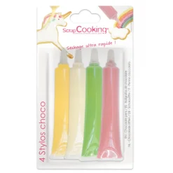 SCRAPCOOKING Nappages Et Glaçages|Décoration Comestible|4 Stylos Chocolat Blanc Rose Vert Jaune 25g