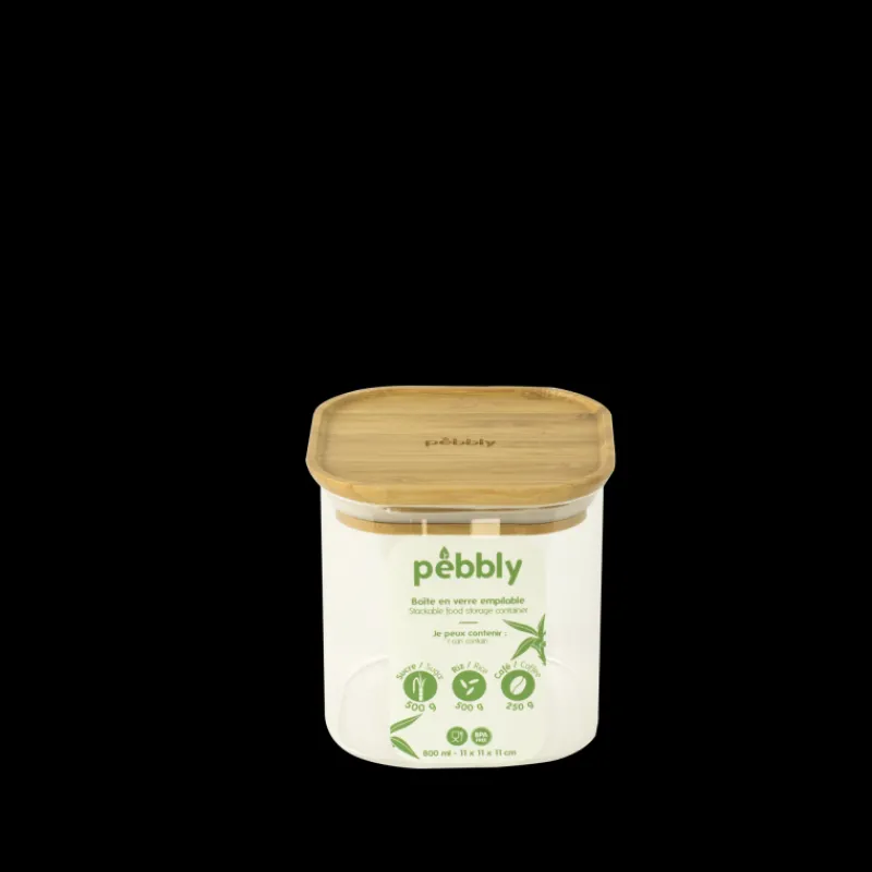 PEBBLY Conservation|Boîte de Conservation en Verre et Bambou Carré 800 ml