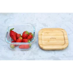 PEBBLY Conservation|Boîte de Conservation en Verre et Bambou Carré 520 ml