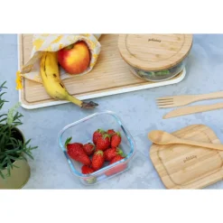 PEBBLY Conservation|Boîte de Conservation en Verre et Bambou Carré 520 ml