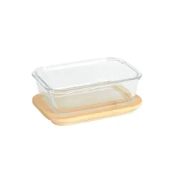 PEBBLY Plat De Cuisson|Conservation|Boîte de Conservation en Verre et Bambou Rectangle 640 ml