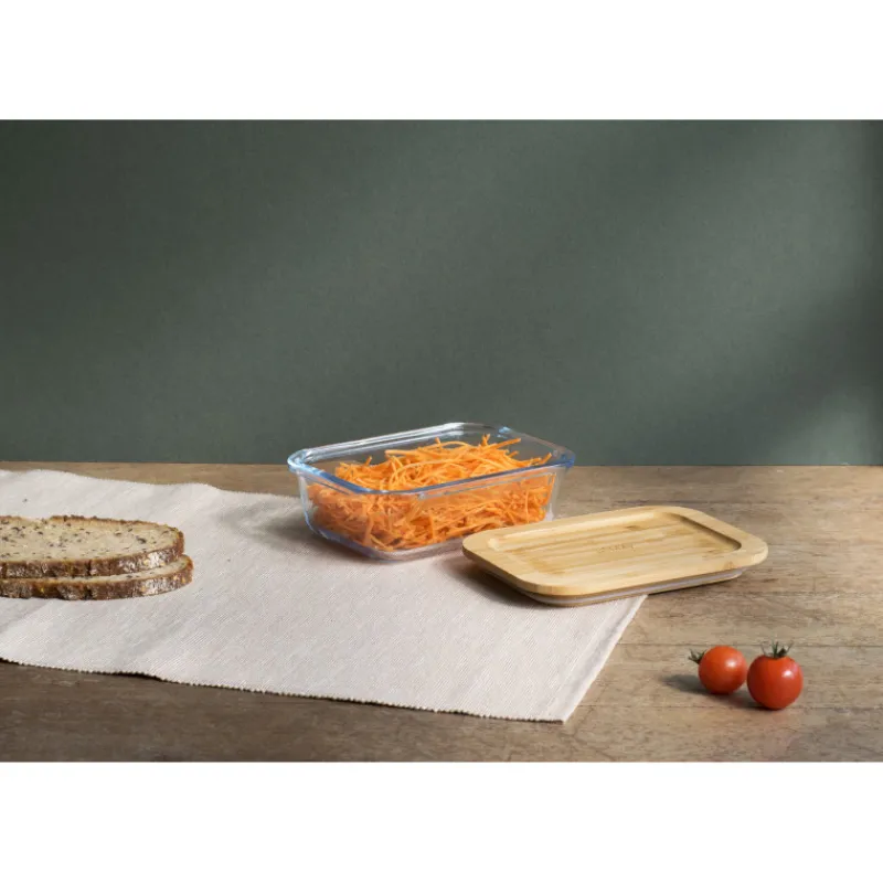 PEBBLY Plat De Cuisson|Conservation|Boîte de Conservation en Verre et Bambou Rectangle 640 ml