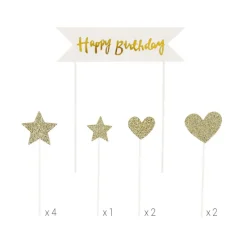 PATISDECOR Décoration Gâteau|Cake Topper Happy Birthday Cœurs et Étoiles Dorés (x10) Patisdécor