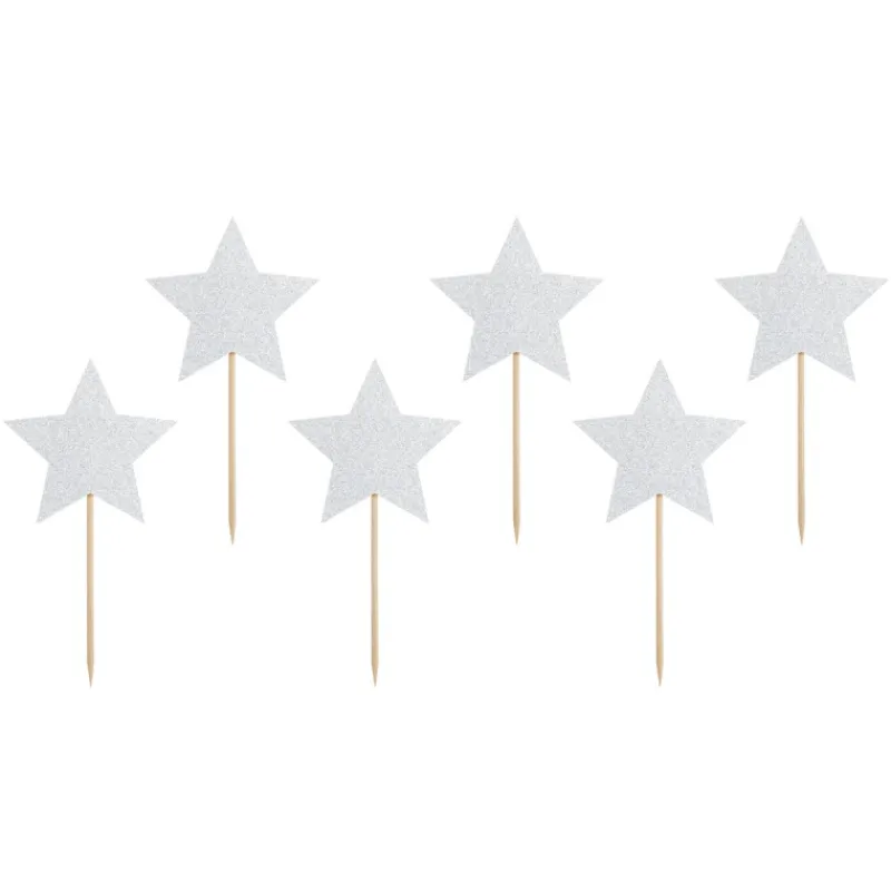 PARTYDECO Décoration Gâteau|Cake Toppers Étoiles Argent (x6)