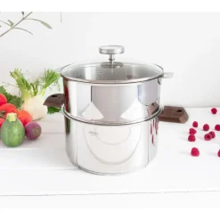 CRISTEL Cuiseur Vapeur|Casseroles|Casserole et Cuit Vapeur Inox Ø 24 cm Anses Noyer Biome