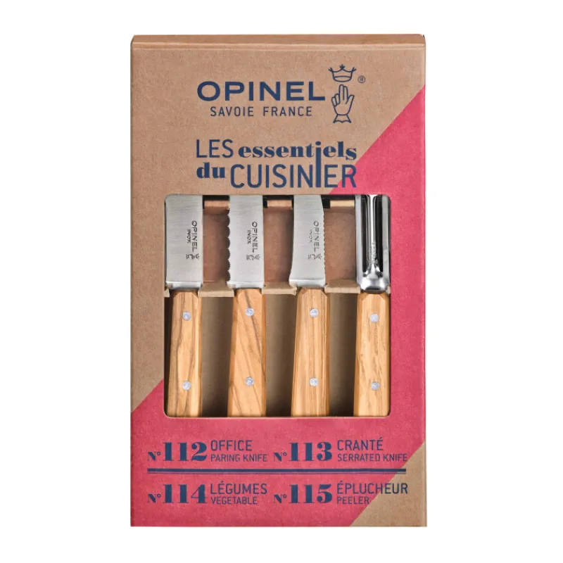 OPINEL Couteau D'office|Eplucheurs, Dénoyauteur|Coffret 3 Couteaux de Cuisine et un Eplucheur Olivier Les Essentiels