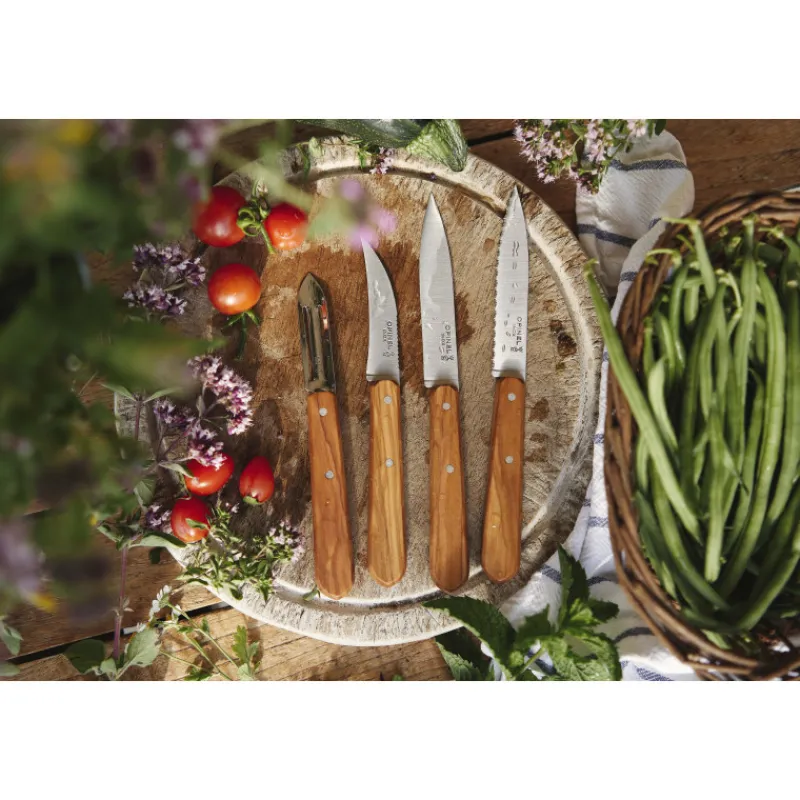 OPINEL Couteau D'office|Eplucheurs, Dénoyauteur|Coffret 3 Couteaux de Cuisine et un Eplucheur Olivier Les Essentiels