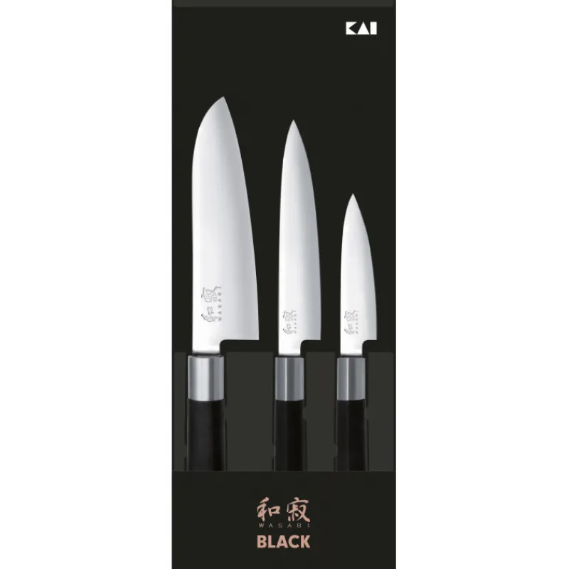 KAI Couteau Santoku|Couteau Japonais|Coffret 3 Couteaux Japonais Universel 10 cm Universel 15 cm et Santoku 16,5 cm Wasabi Black
