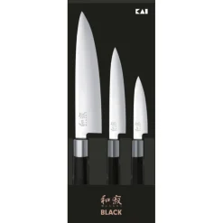 KAI Couteau De Chef|Couteau Japonais|Coffret 3 Couteaux Japonais Universel 10 cm Universel 15 cm et Chef 20 cm Wasabi Black