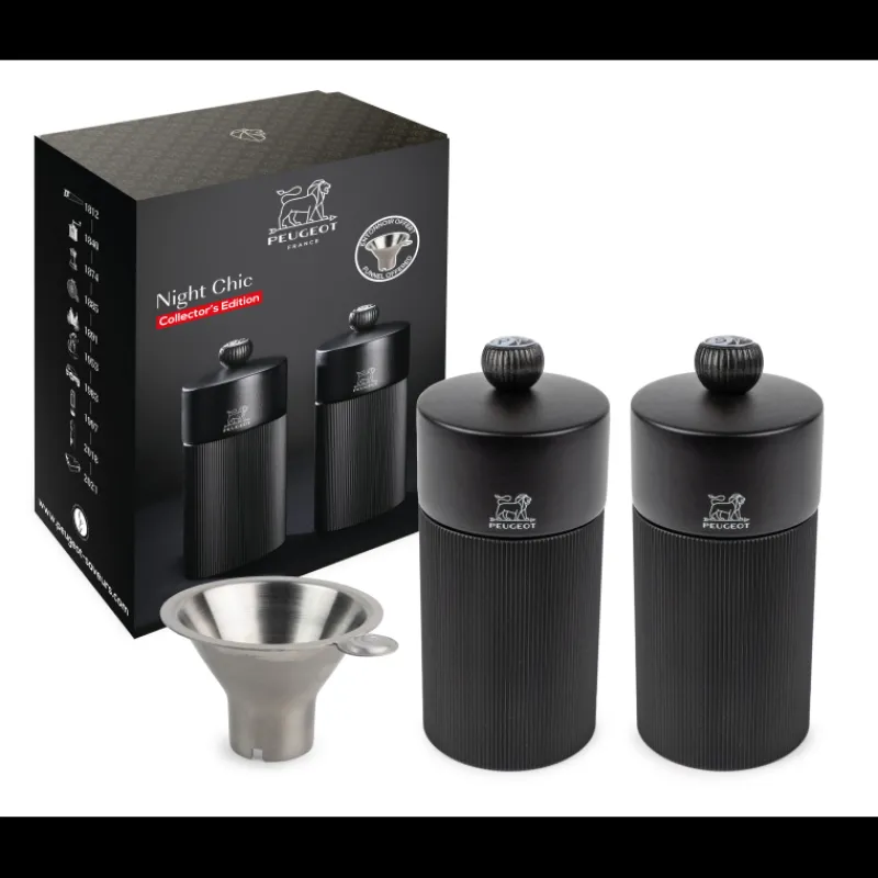 PEUGEOT Moulin|Coffret 2 Moulins Manuels Sel & Poivre Noir Mat 12 cm + Entonnoir