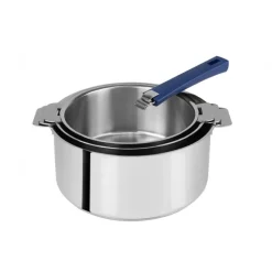 CRISTEL Batterie De Cuisine|Casseroles|FIN DE SERIE Lot de 3 Casseroles inox avec Poignée Bleue Mutine Amovible