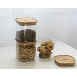 PEBBLY Conservation|Lot 3 Boîtes de Conservation en Verre et Bambou Carré 800 ml