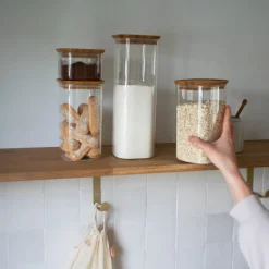 PEBBLY Conservation|Lot de 3 Boîtes de Conservation en Verre Carrée Couvercle Bambou