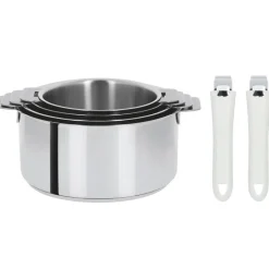 CRISTEL Batterie De Cuisine|Casseroles|Lot de 4 Casseroles inox avec 2 Poignées Blanches Mutine Amovibles