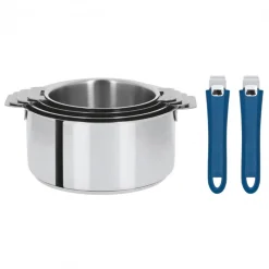 CRISTEL Casseroles|Lot de 4 Casseroles inox avec 2 Poignées Bleues Mutine Amovibles