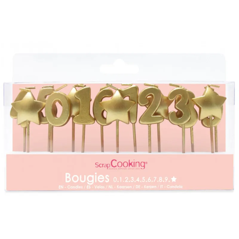 SCRAPCOOKING Décoration Gâteau|Lot de bougies dorées 0 à 9 + 5 étoiles