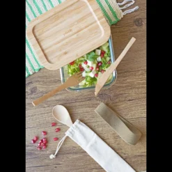 PEBBLY Plat De Cuisson|Conservation|Lunch Box Verre et Bambou avec Couverts 1 L