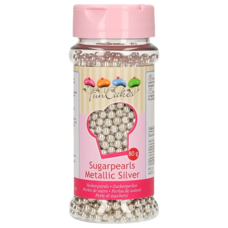 FUNCAKES Décoration Comestible|Perles de Sucre Argent Métallique 80g