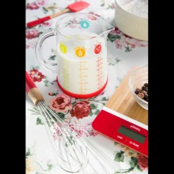 PEBBLY Verre Doseur|Pichet Doseur en Verre et Silicone 1 L Rouge