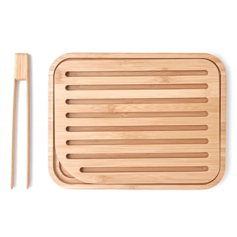 PEBBLY Planches À Découper|Pince De Cuisine|Set Planche à Pain 26 x 20 cm + Pince à Toast Bambou