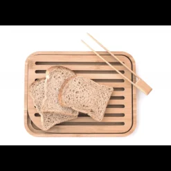 PEBBLY Planches À Découper|Pince De Cuisine|Set Planche à Pain 26 x 20 cm + Pince à Toast Bambou