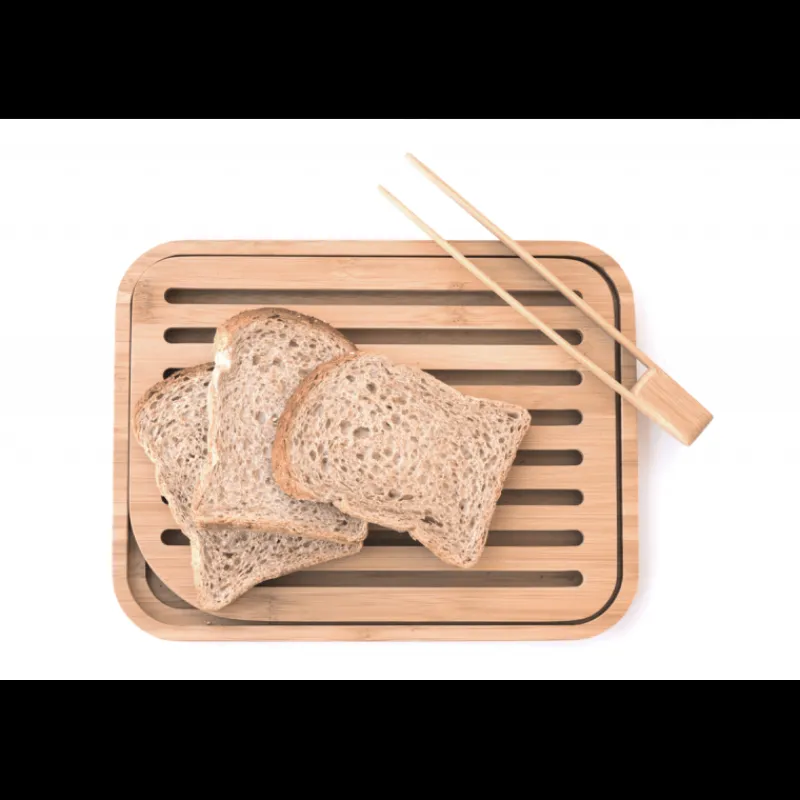 PEBBLY Planches À Découper|Pince De Cuisine|Set Planche à Pain 26 x 20 cm + Pince à Toast Bambou